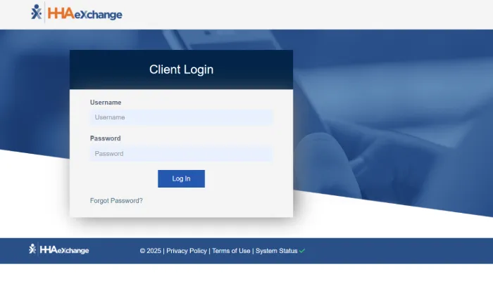 Screenshot of HHAeXchange credentials page Screenshot of HHAeXchange credentials page